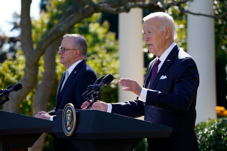 President Joe Biden and Australia's Prime Minister Anthony Albanese hold a news conference in the Rose Garden of the White House in Washington, Wednesday, Oct. 25, 2023.