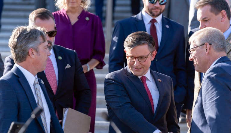 New House Speaker Mike Johnson (R-LA) is welcomed by other members of the Republican conference, as he arrives at a news conference at the Capitol in Washington, Wednesday, Oct. 25, 2023.