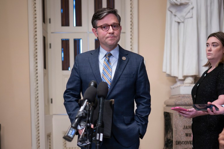On his first full day on the job, Speaker of the House Mike Johnson, R-La., makes a statement to reporters about the mass shooting in Maine, at the Capitol in Washington, Thursday, Oct. 26, 2023. He did not respond to questions. 