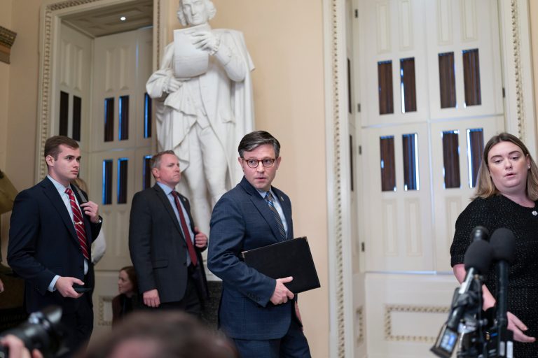 On his first full day on the job, House Speaker Mike Johnson (R-LA) arrives to make a statement to reporters about the mass shooting in Maine at the Capitol in Washington on Thursday, Oct. 26, 2023. He did not respond to questions.