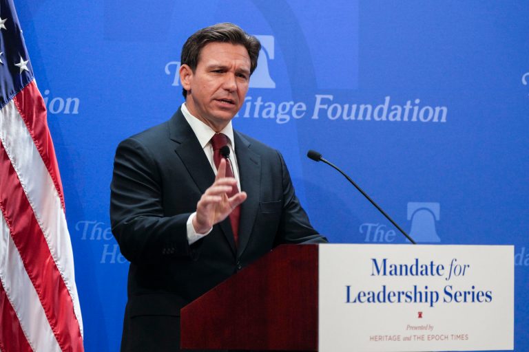 Republican presidential candidate Gov. Ron DeSantis (R-FL) speaks at the Heritage Foundation, Friday, Oct. 27, 2023, as part of the Mandate for Leadership Series in Washington.