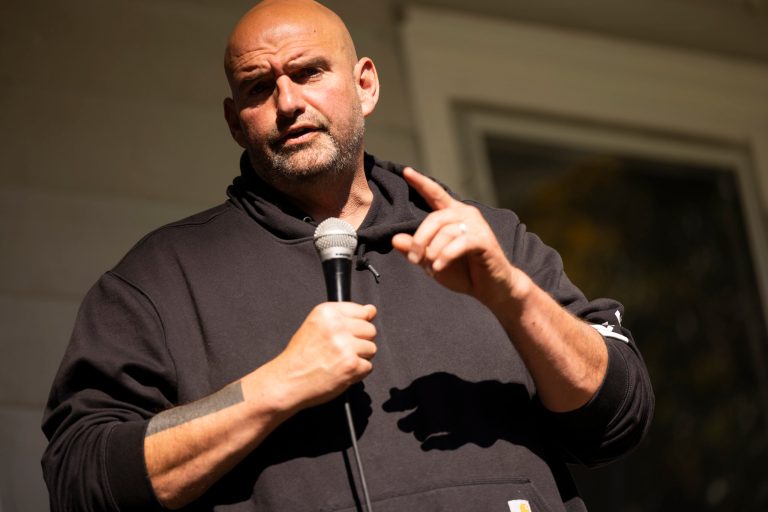 Senator John Fetterman, D-Pa, speaks at a campaign event held for Pennsylvania judicial candidates at Snipes Farm in Morrisville, Pa., Saturday, Oct. 28, 2023. 