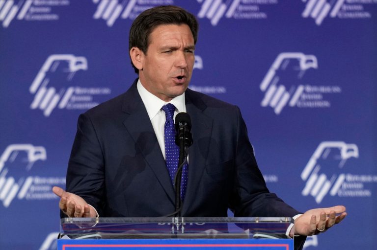 Republican presidential candidate Gov. Ron DeSantis (R-FL) speaks at an annual leadership meeting of the Republican Jewish Coalition, Saturday, Oct. 28, 2023, in Las Vegas.