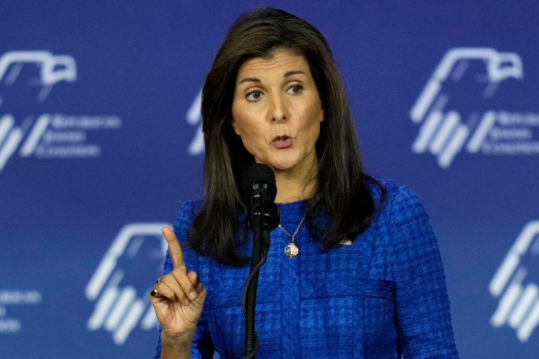 Republican presidential candidate and former U.N. Ambassador Nikki Haley speaks at an annual leadership meeting of the Republican Jewish Coalition, Saturday, Oct. 28, 2023, in Las Vegas.