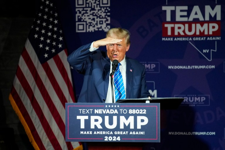 Republican presidential candidate and former President Donald Trump speaks at a campaign event, Saturday, Oct. 28, 2023, in Las Vegas. 