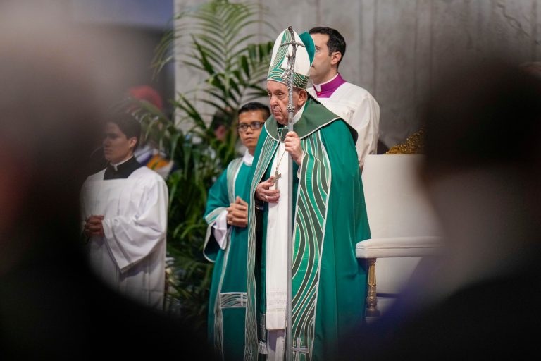 Pope Francis presides over a mass for the closing of the 16th general assembly of the synod of bishops in St. Peter's Basilica at the Vatican on Oct. 29, 2023. 