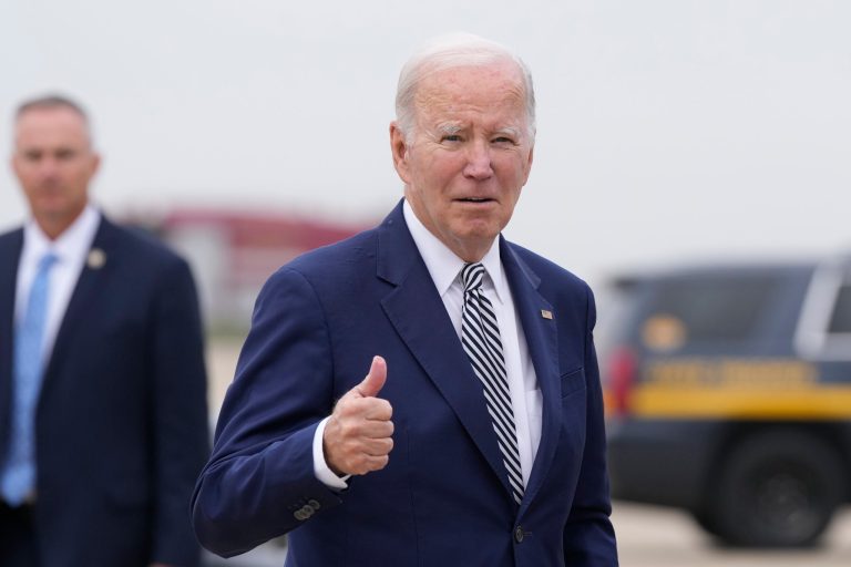 President Joe Biden gestures as he walks to board Air Force One at Delaware Air National Guard Base in New Castle, Delaware, on Monday, Oct. 30, 2023. 