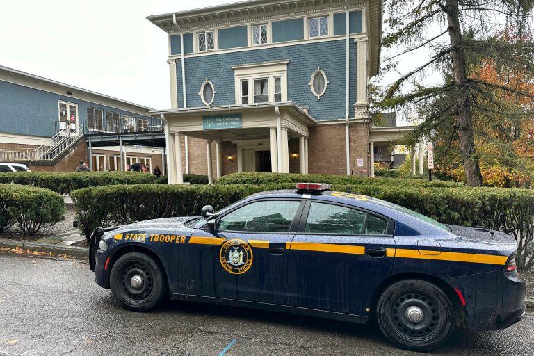 A New York State Police Department cruiser is parked in front of Cornell University's Center for Jewish Living in Ithaca, New York, on Oct. 30, 2023. Threatening statements about Jews on an internet discussion board have unnerved students at Cornell University and prompted officials to send police to guard a Jewish center and kosher dining hall. 