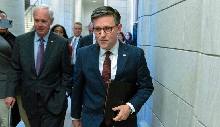 Speaker of the House Rep. Mike Johnson (R-LA), accompanied by Sen. Ron Johnson (R-WI), walks to the Senate side for a meeting with Senate GOP members at the Capitol Washington, Wednesday, Nov. 1, 2023.