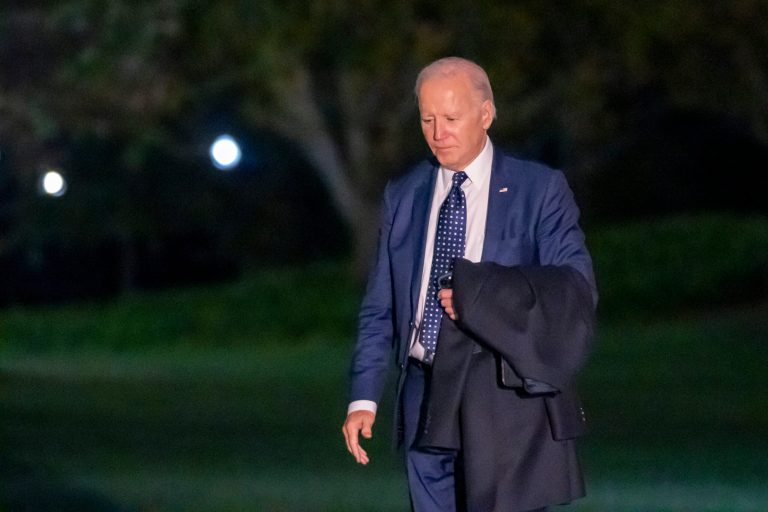 President Joe Biden walks from Marine One upon arrival on the South Lawn of the White House, Wednesday, Nov. 1, 2023, in Washington. Biden is returning from Minnesota.
