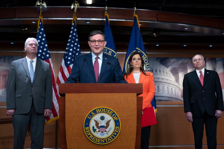 Speaker of the House Mike Johnson (R-LA), center, joined by, from left, Majority Whip Tom Emmer (R-MN), Republican Conference Chairwoman Elise Stefanik (R-NY), and House Majority Leader Steve Scalise (R-LA), talks with reporters ahead of the debate and vote on supplemental aid to Israel, at the Capitol in Washington, Thursday, Nov. 2, 2023.