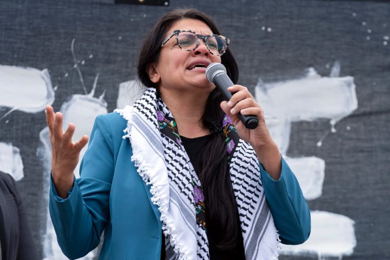 Rep. Rashida Tlaib (R-MI) speaks during a rally at the National Mall during a pro-Palestinian demonstration in Washington, Oct. 20, 2023.