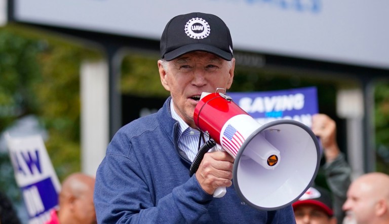 President Joe Biden joins striking United Auto Workers on the picket line, Sept. 26, 2023, in Van Buren Township, Michigan. 