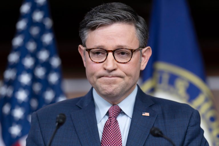 Speaker of the House Mike Johnson (R-LA) talks with reporters at the Capitol in Washington, Thursday, Nov. 2, 2023.