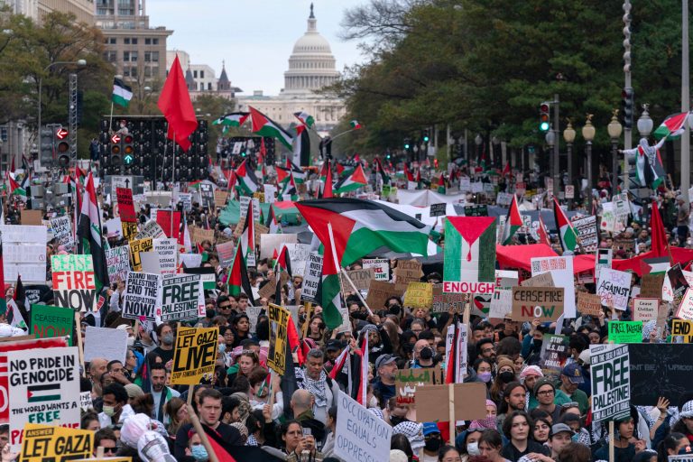 Thousands of protesters rally during a pro-Palestinian demonstration at Freedom Plaza in Washington, Saturday, Nov. 4, 2023.