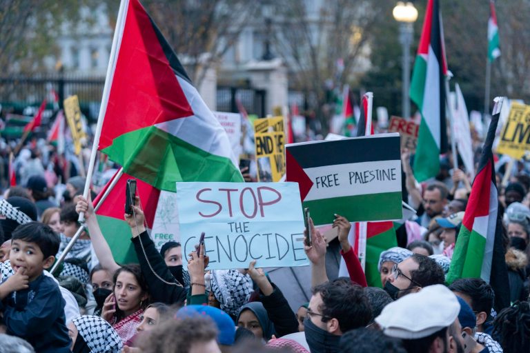 Anti-war activists protest outside of the White House during a pro-Palestinian demonstration asking for a cease fire in Gaza in Washington, Saturday, Nov. 4, 2023.