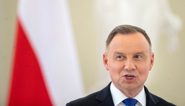Poland's President Andrzej Duda speaks during a news conference following his meeting with Lithuania's President Gitanas Nauseda at the Presidential Palace in Vilnius, Lithuania, on July 5, 2023.