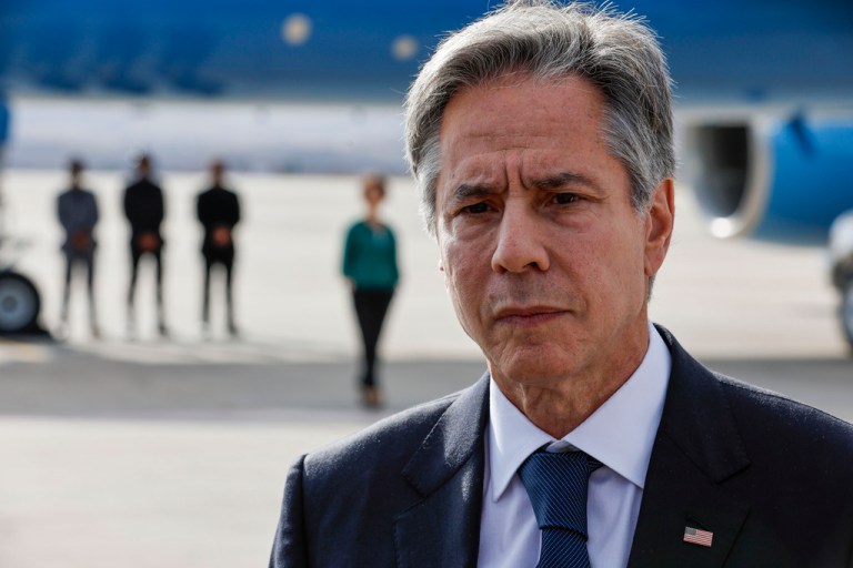 U.S. Secretary of State Antony Blinken speaks to the media about his meetings with Turkish counterparts as he departs from Ankara Esenboga Airport in Ankara, Turkey, Monday, Nov. 6, 2023.
