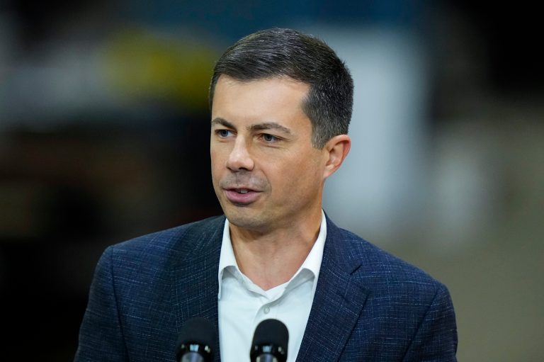  Transportation Secretary Pete Buttigieg speaks at the Amtrak Bear Maintenance Facility, Monday, Nov. 6, 2023, in Bear, Delaware. 