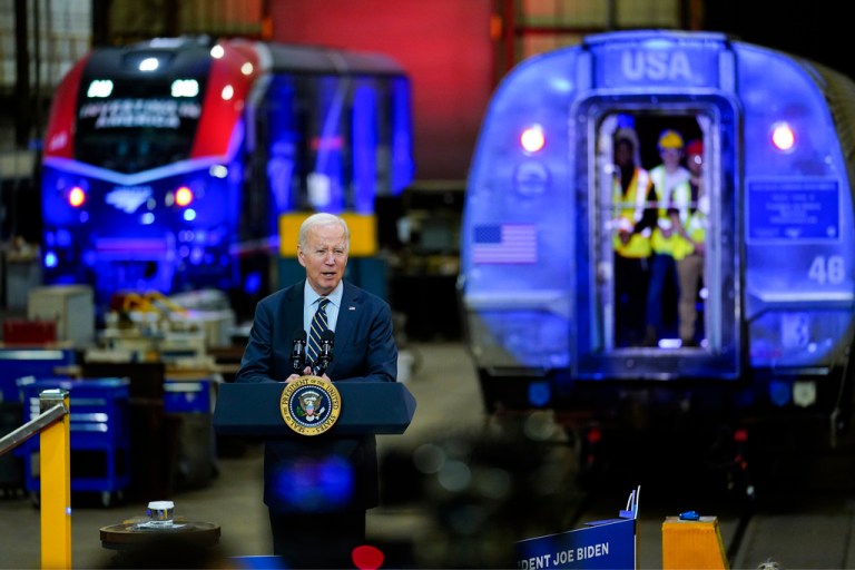 President Joe Biden speaks at the Amtrak Bear Maintenance Facility on Monday, Nov. 6, 2023, in Bear, Delaware.