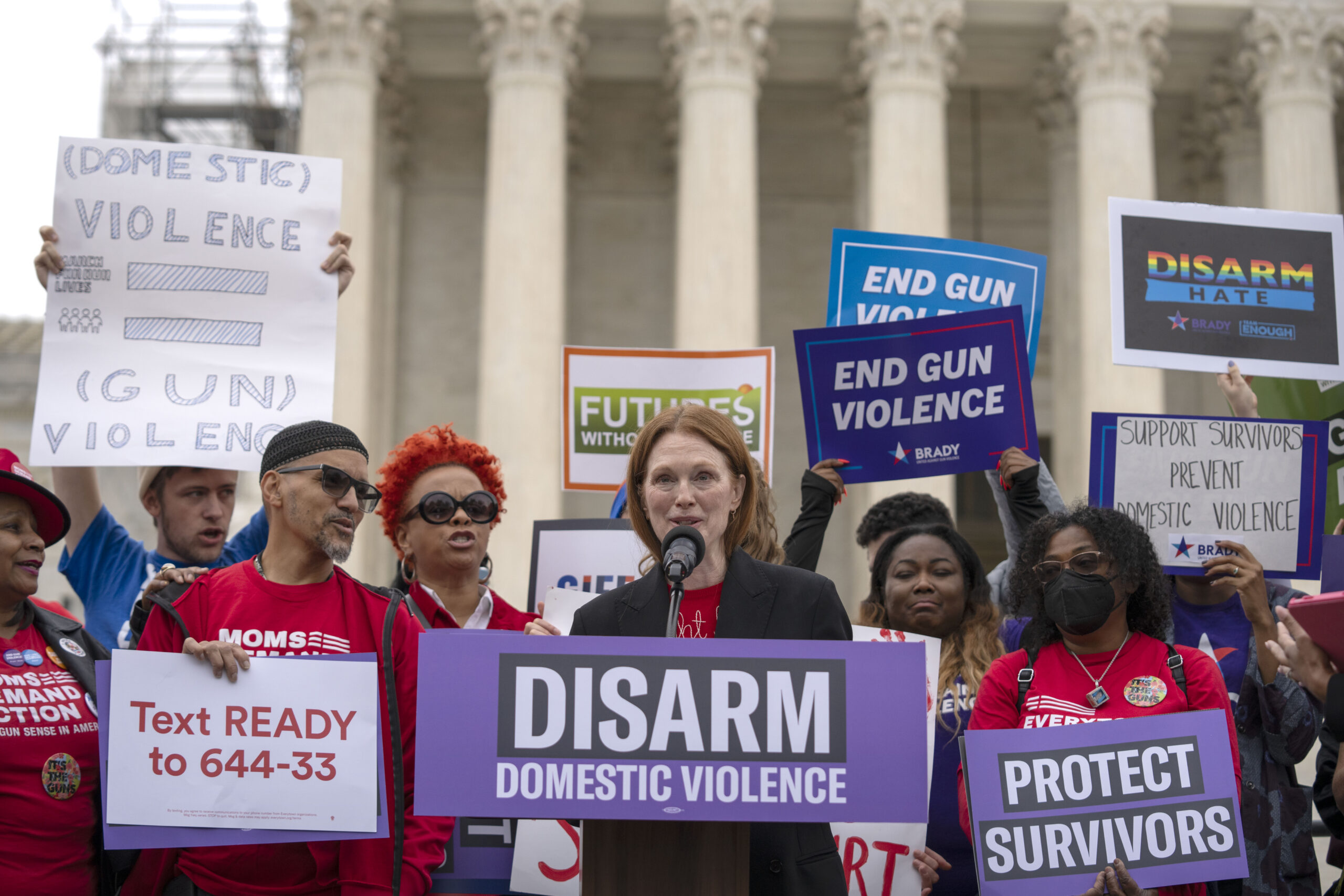 Actress Julianne Moore delivers speech outside Supreme Court amid hearing on gun limits for domestic abusers