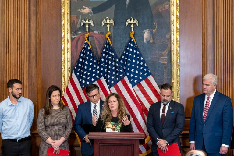 Doris Liber, whose son Guy Iluz is being held hostage in Gaza, speaks during a press conference with House Republicans at the Capitol.