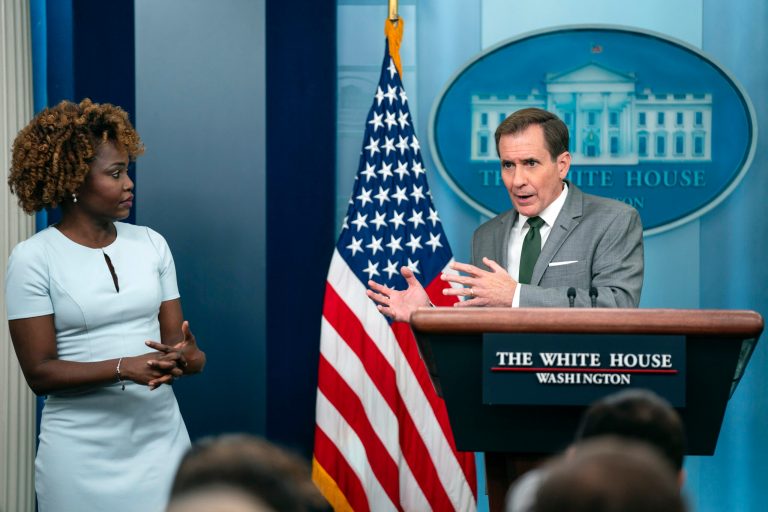 White House press secretary Karine Jean-Pierre listens as National Security Council spokesman John Kirby speaks during a press briefing at the White House, Wednesday, Nov. 8, 2023, in Washington.