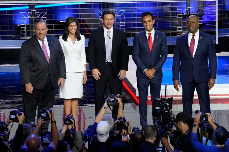 Former New Jersey Gov. Chris Christie, former U.N. Ambassador Nikki Haley, Gov. Ron DeSantis (R-FL), businessman Vivek Ramaswamy, and Sen. Tim Scott (R-SC) stand onstage before a Republican presidential primary debate hosted by NBC News, Wednesday, Nov. 8, 2023, in Miami.