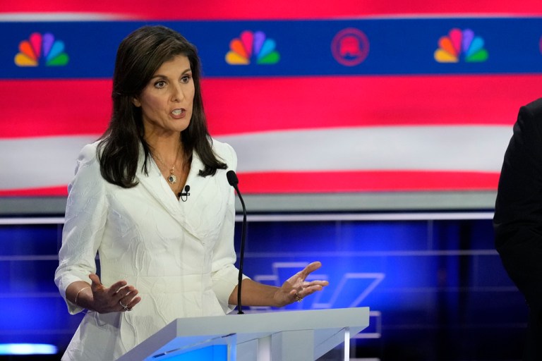 Former U.N. Ambassador Nikki Haley speaks during a Republican presidential primary debate, Nov. 8, 2023, in Miami.