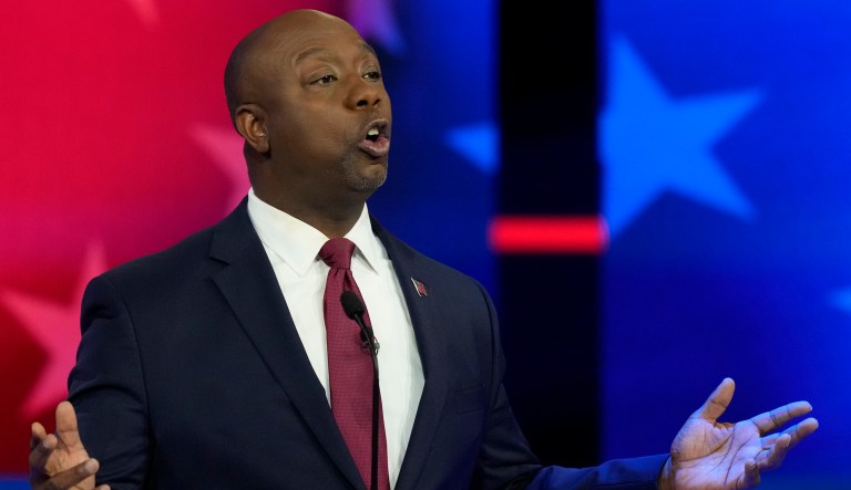Republican presidential candidate Sen. Tim Scott (R-SC) speaks during a Republican presidential primary debate hosted by NBC News, Wednesday, Nov. 8, 2023, at the Adrienne Arsht Center for the Performing Arts of Miami-Dade County in Miami.
