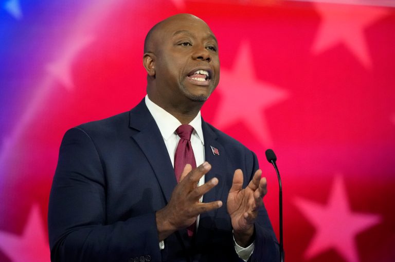 Republican presidential candidate Sen. Tim Scott (R-SC) speaks during a Republican presidential primary debate hosted by NBC News, Wednesday, Nov. 8, 2023, at the Adrienne Arsht Center for the Performing Arts of Miami-Dade County in Miami.