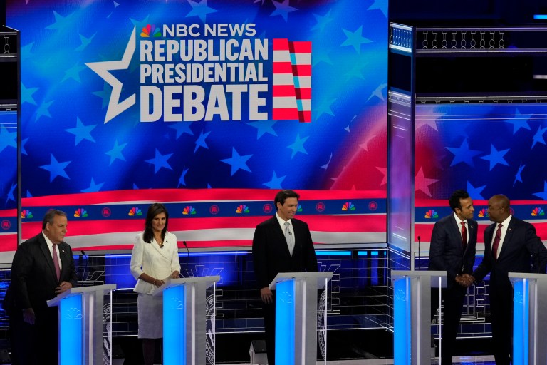 Republican presidential candidates from left, former New Jersey Gov. Chris Christie, former U.N. Ambassador Nikki Haley, Gov. Ron DeSantis (R-FL), businessman Vivek Ramaswamy, and Sen. Tim Scott (R-SC) participate in a Republican presidential primary debate hosted by NBC News Wednesday, Nov. 8, 2023, at the Adrienne Arsht Center for the Performing Arts of Miami-Dade County in Miami.