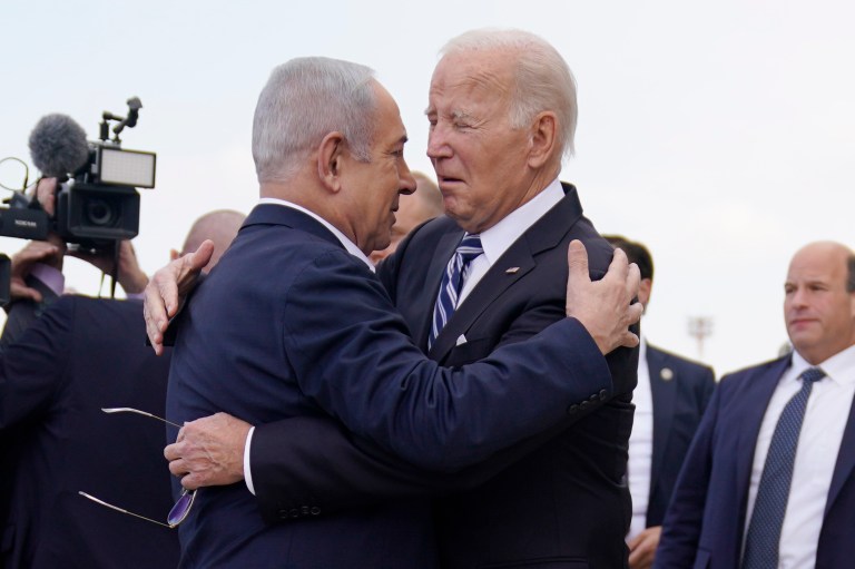 President Joe Biden is greeted by Israeli Prime Minister Benjamin Netanyahu after arriving at Ben Gurion International Airport, Oct. 18, 2023, in Tel Aviv.