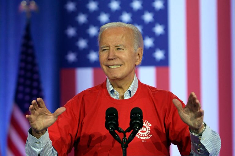 President Joe Biden speaks to United Auto Workers at the Community Building Complex of Boone County, Thursday, Nov. 9, 2023, in Belvidere, Illinois.