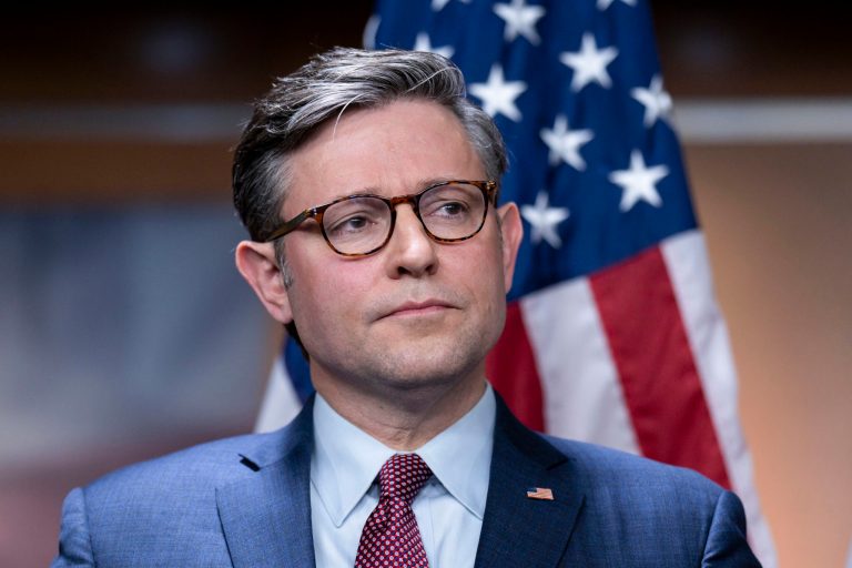 House Speaker Mike Johnson (R-LA) talks with reporters ahead of the debate and vote on supplemental aid to Israel, at the Capitol in Washington, Thursday, Nov. 2, 2023. 