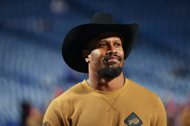 Von Miller walks on the field before a game against the Denver Broncos on Monday, Nov. 13, 2023, in Orchard Park, New York.