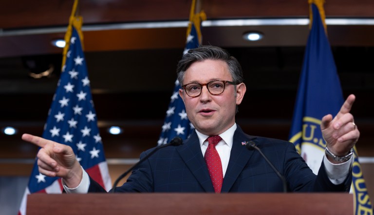 Speaker of the House Mike Johnson (R-LA) takes questions at the Capitol in Washington, Tuesday, Nov. 14, 2023.