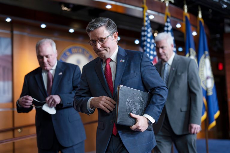 Speaker of the House Mike Johnson (R-LA), flanked by House Majority Leader Steve Scalise (R-LA), left, and Majority Whip Tom Emmer (R-MN), leaves after meeting with reporters ahead of a crucial vote on a continuing resolution to keep the government funded at its current levels, a measure not heartily supported by the hard-right wing of his party, at the Capitol in Washington, Tuesday, Nov. 14, 2023.