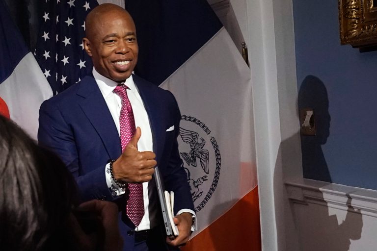 New York Mayor Eric Adams leaves a news conference at New York's City Hall, Tuesday, Nov. 14, 2023.