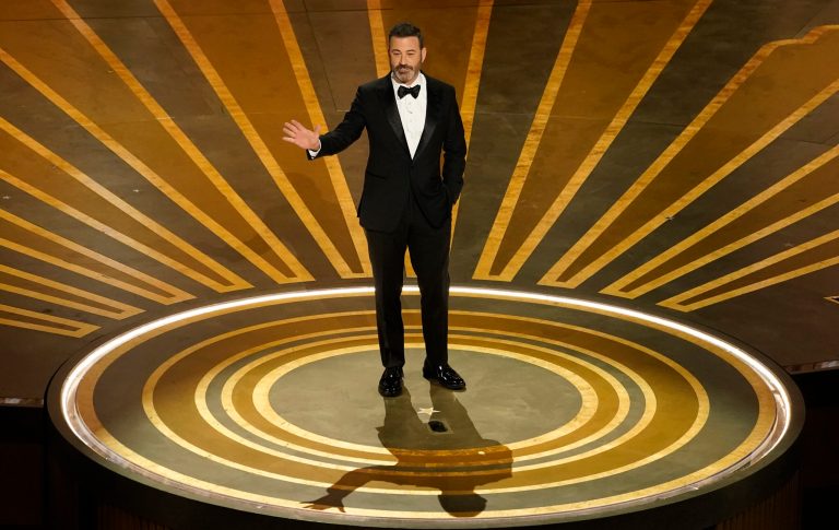 Host Jimmy Kimmel speaks at the Oscars on March 12, 2023, at the Dolby Theatre in Los Angeles. 