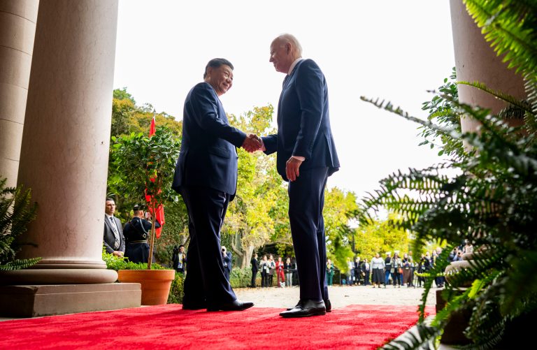 President Joe Biden greets China's President President Xi Jinping at the Filoli Estate in Woodside, California, Wednesday, Nov, 15, 2023.