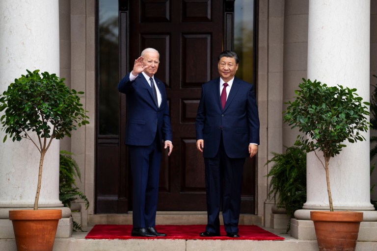 President Joe Biden greets China's President President Xi Jinping at the Filoli Estate in Woodside, Calif., Wednesday, Nov, 15, 2023, on the sidelines of the Asia-Pacific Economic Cooperative conference. 