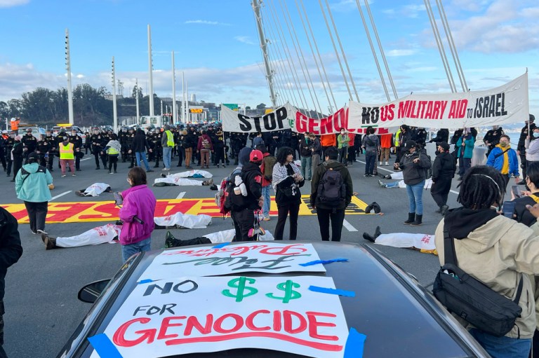 Demonstrators shut down the San Francisco-Oakland Bay Bridge in conjunction with the APEC summit on Thursday, Nov. 16, 2023, in San Francisco.