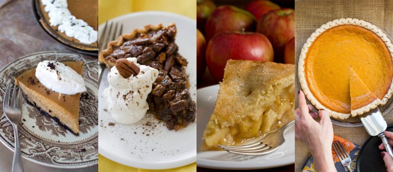 This combination of photos shows various pieces of pie, from left, pumpkin, pecan, apple and sweet potato.