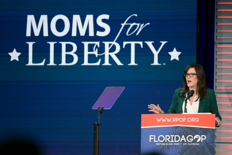 FILE - Moms for Liberty founder Tiffany Justice speaks at the Republican Party of Florida Freedom Summit, Nov. 4, 2023, in Kissimmee, Florida. (AP Photo/Phelan M. Ebenhack, File)