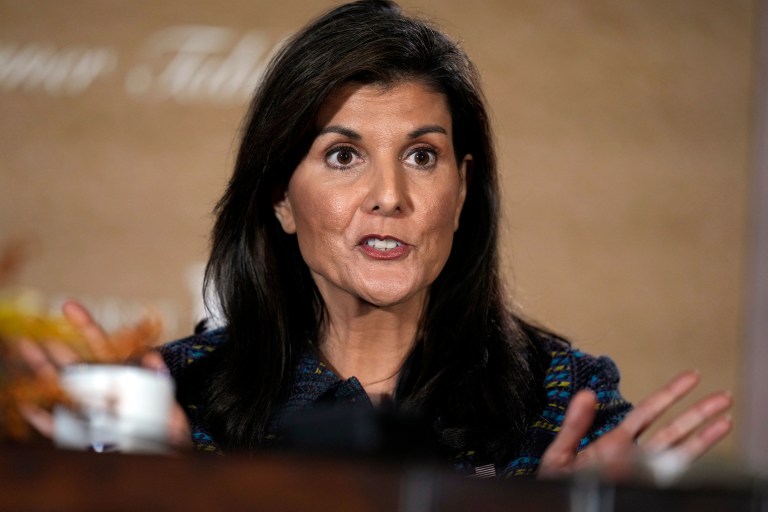 Republican presidential candidate former U.S. Ambassador to the United Nations Nikki Haley speaks during the Family Leader's Thanksgiving Family Forum, Friday, Nov. 17, 2023, in Des Moines, Iowa. 