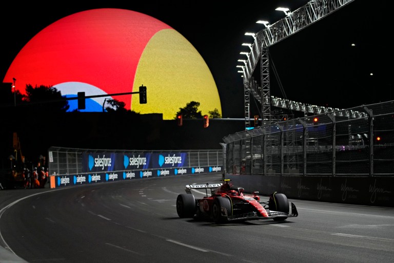 Ferrari driver Carlos Sainz, of Spain, races during the final practice session for the Formula One Las Vegas Grand Prix auto race, Friday, Nov. 17, 2023, in Las Vegas.