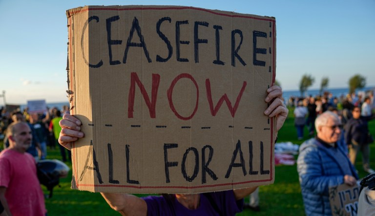 A small crowd gathered to call for a ceasefire in the Israel-Hamas war, in Tel Aviv, Israel, Saturday, Nov. 18.