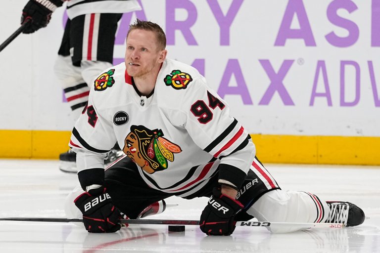 Chicago Blackhawks right wing Corey Perry (94) warms up before an NHL game against the Nashville Predators, Saturday, Nov. 18, 2023, in Nashville, Tennessee.