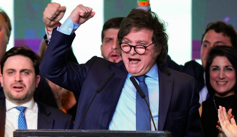 Javier Milei, presidential candidate of the Liberty Advances coalition, speaks at his campaign headquarters after polls closed for general elections in Buenos Aires, Argentina, on Oct. 22, 2023.